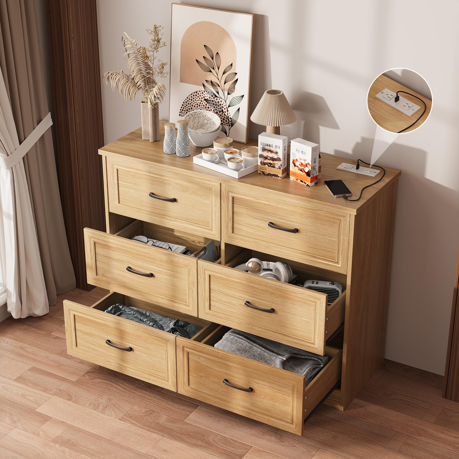 Wood 6 Drawer Chest Wide Dresser Organizer